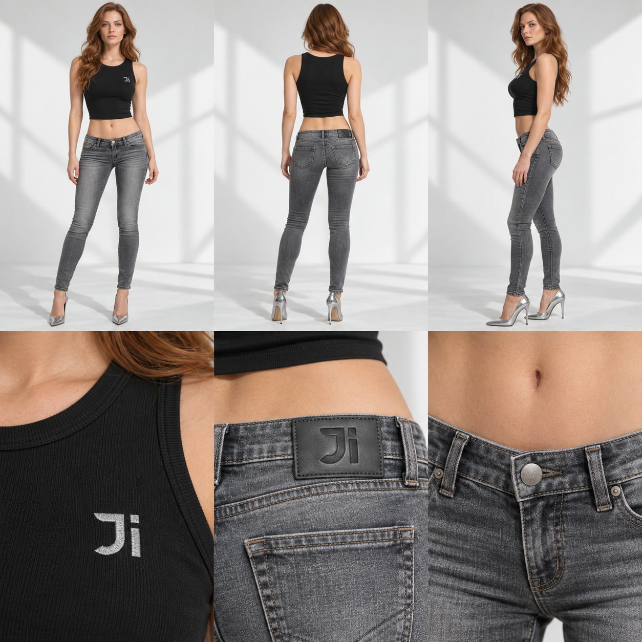 The smoke skinny in Smoke gray, front view with stilettos