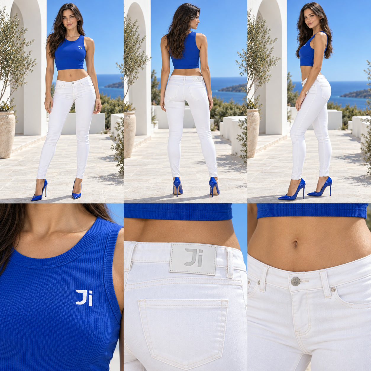 White very low-rise skinny jeans and silver stilettos under the California sky